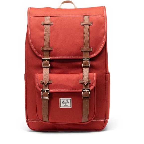 Herschel Little America Mid-Volume Backpack Red Leather Accent Laptop Travel - Picture 5 of 5